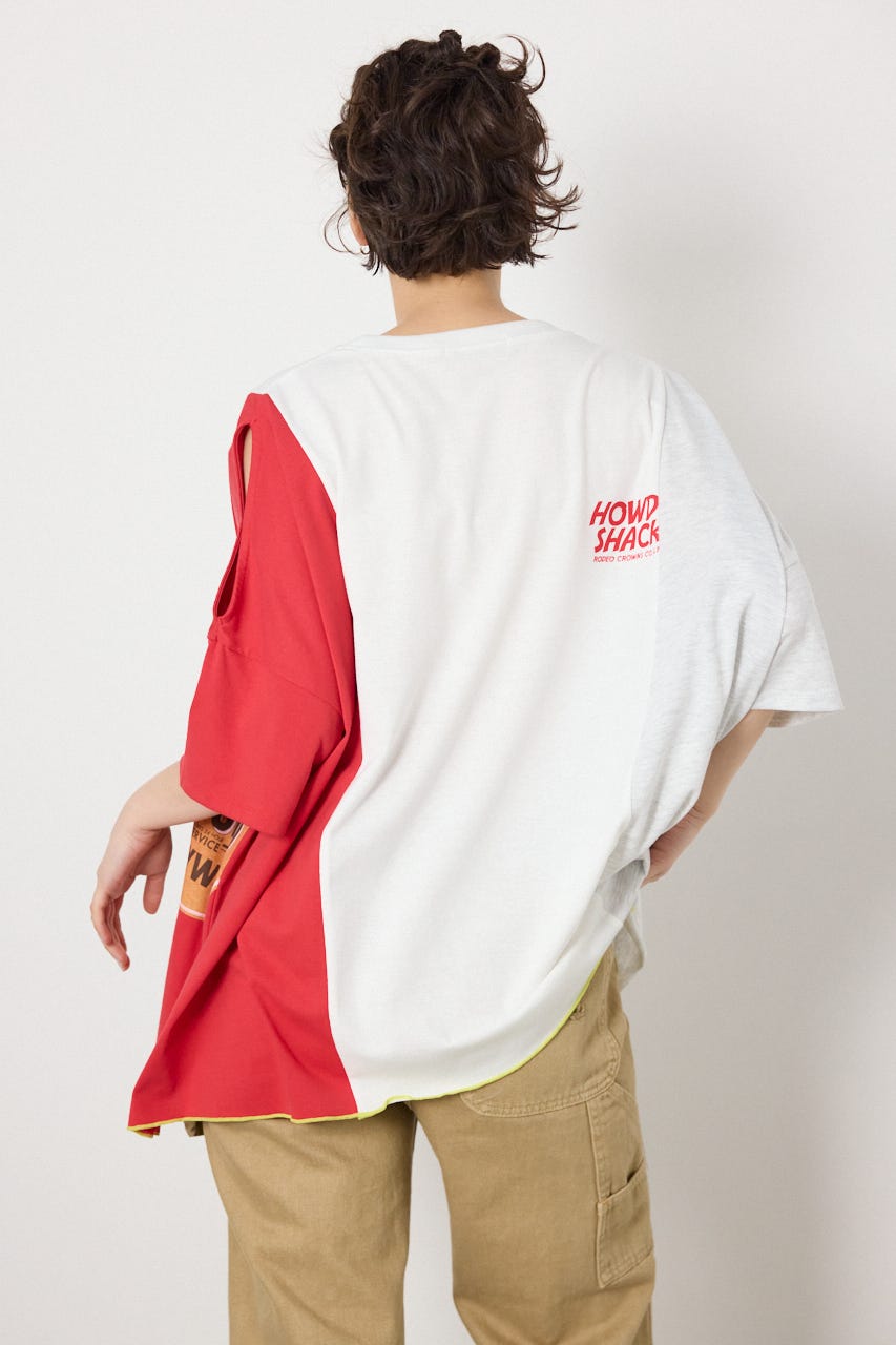 カスタムオープンショルダーTシャツ 柄WHT FREE