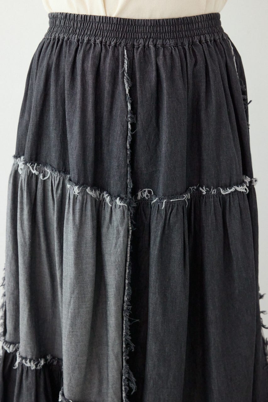 デニムパッチワークティアードスカート BLK FREE