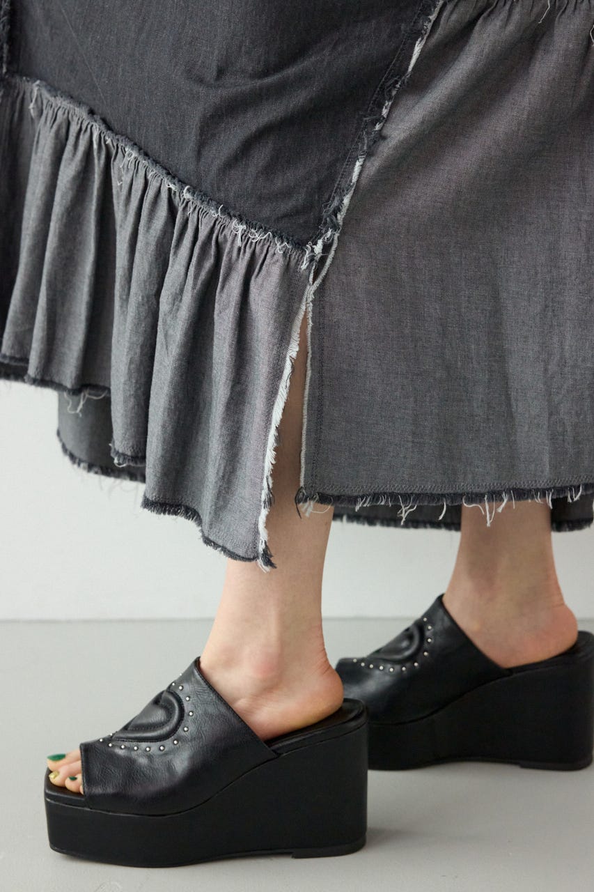 デニムパッチワークティアードスカート BLK FREE