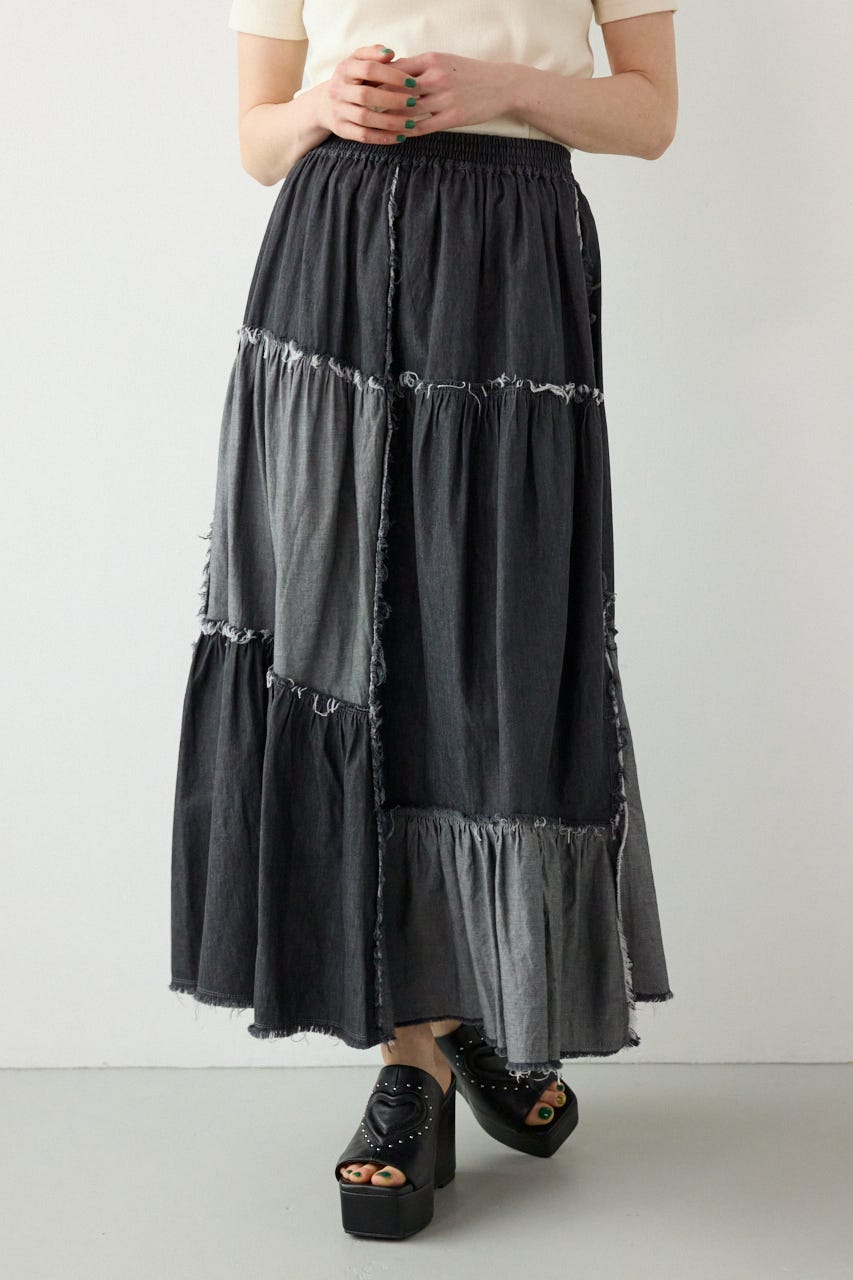 デニムパッチワークティアードスカート BLK FREE