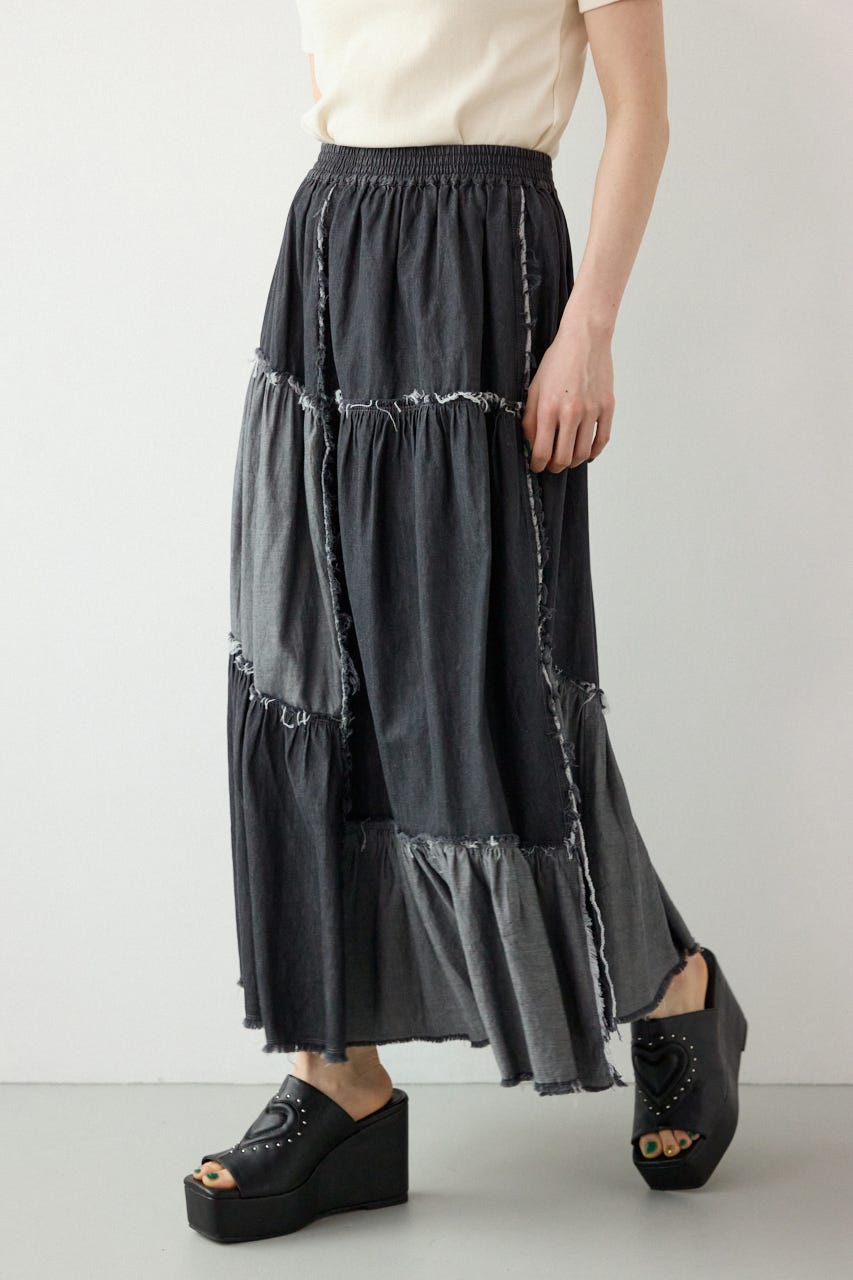 デニムパッチワークティアードスカート BLK FREE