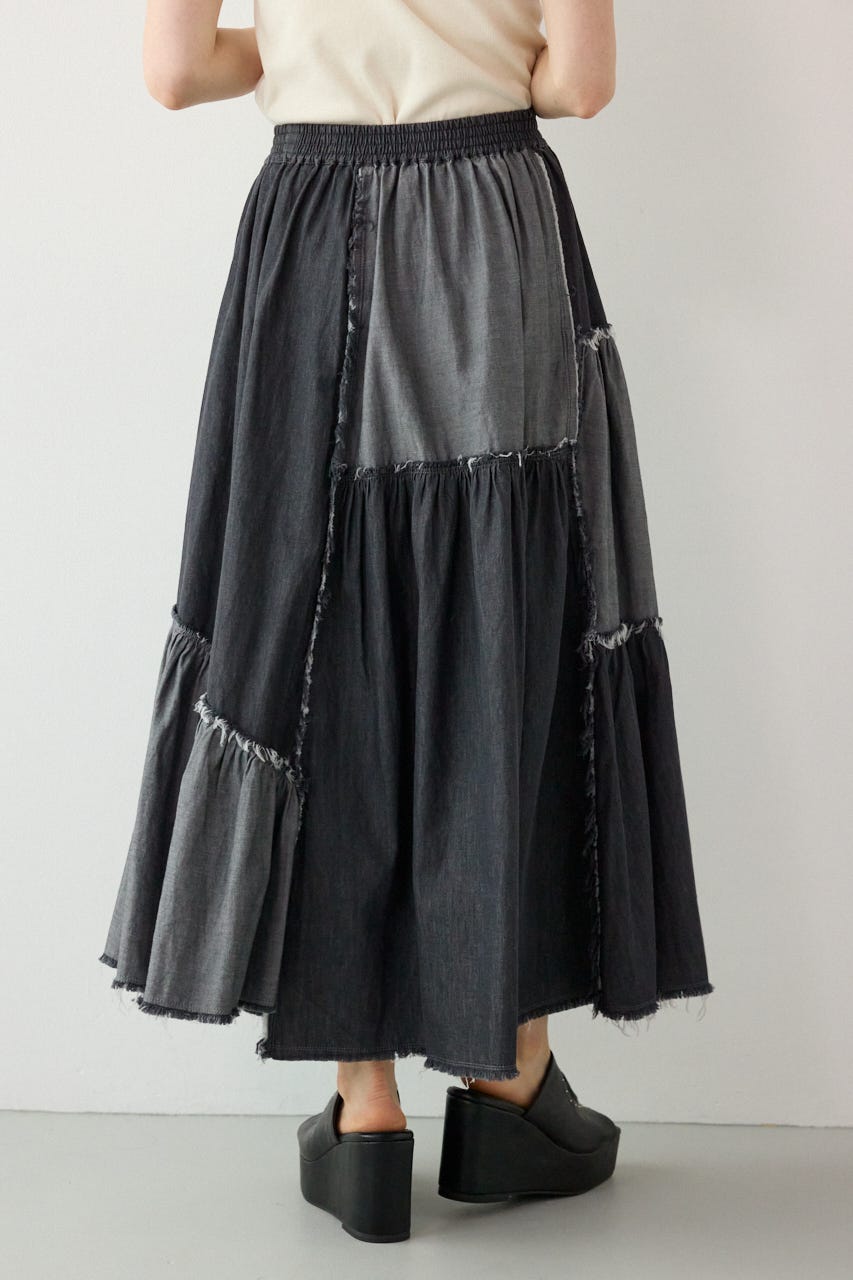 デニムパッチワークティアードスカート BLK FREE