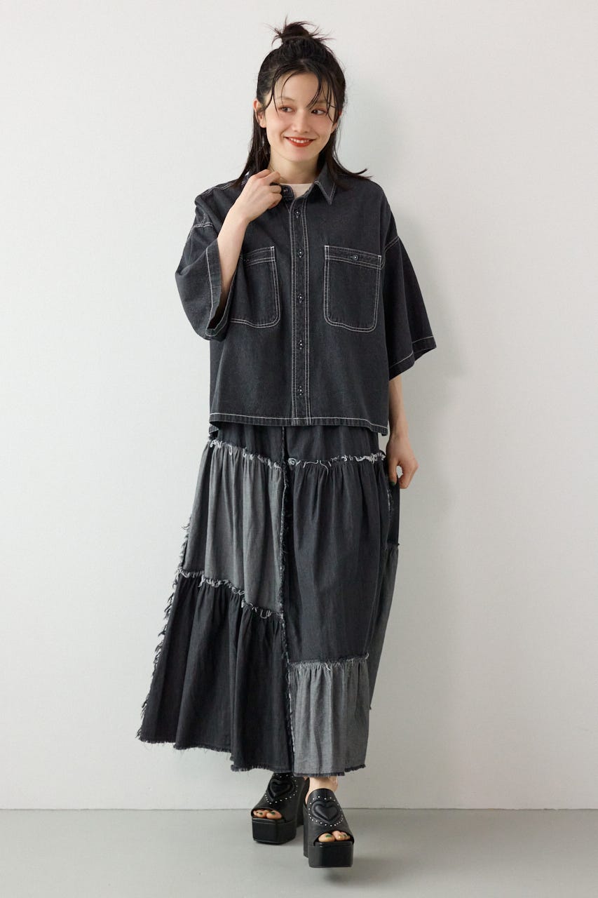 デニムパッチワークティアードスカート BLK FREE