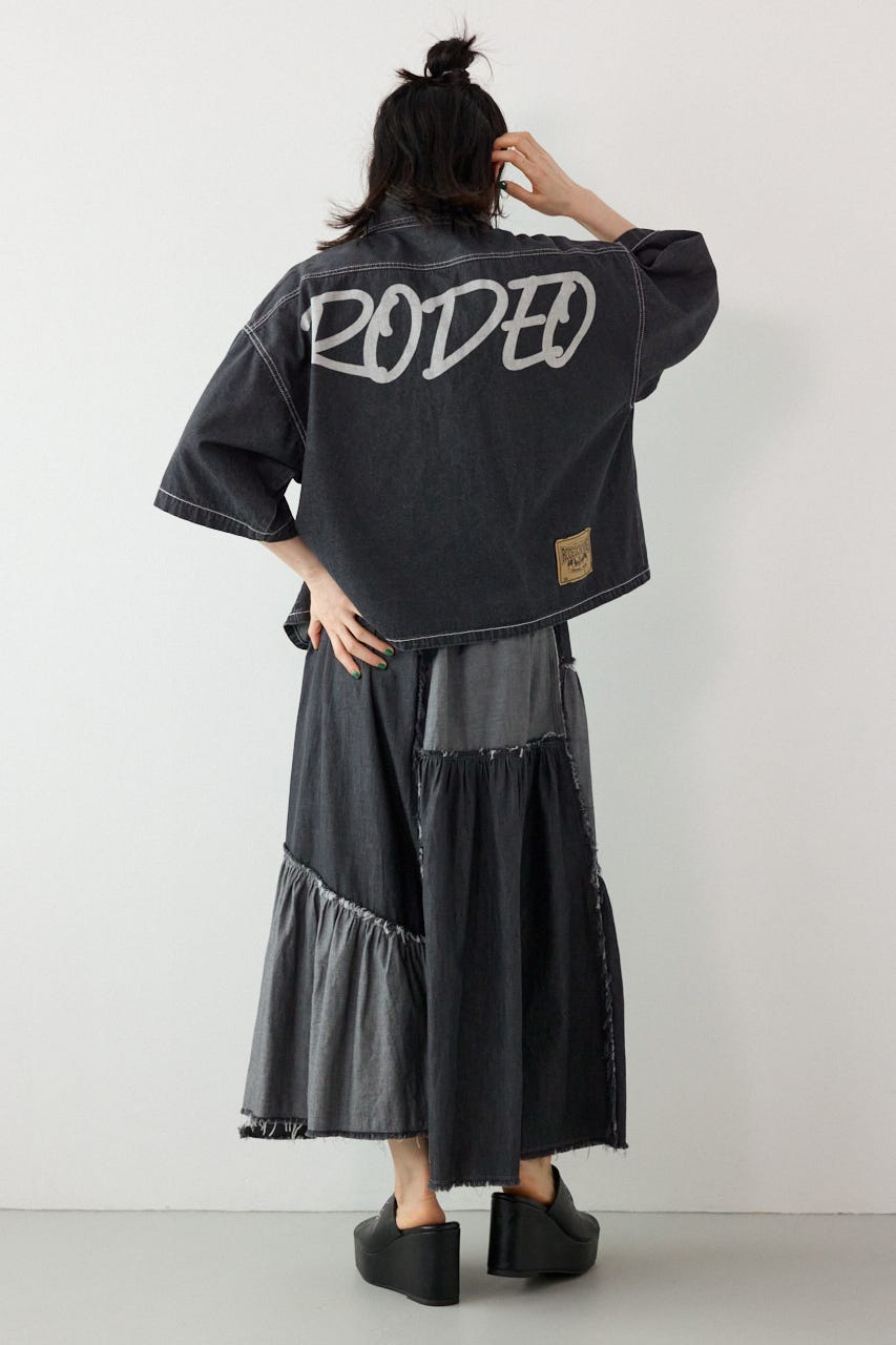 デニムパッチワークティアードスカート BLK FREE