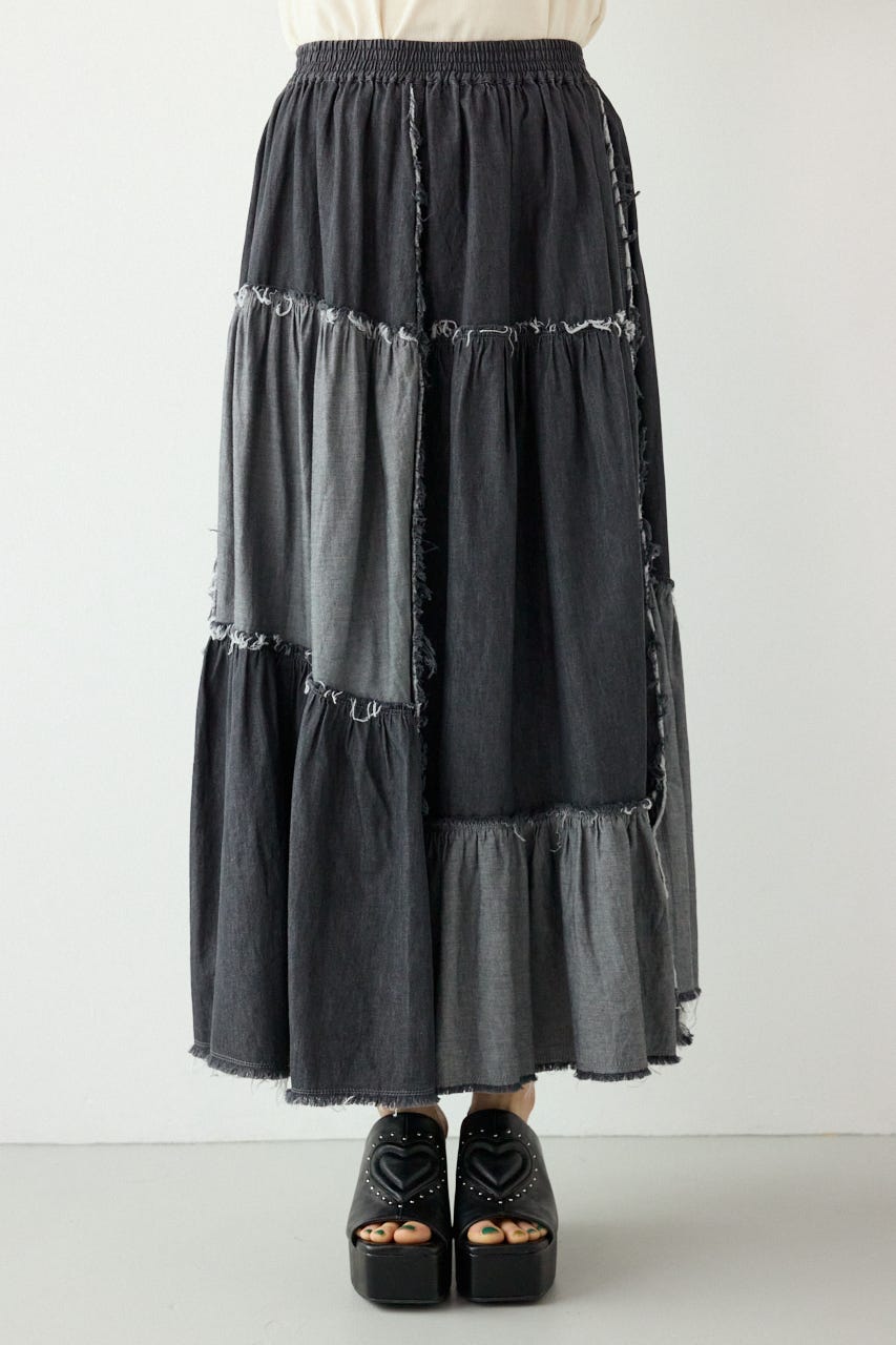 デニムパッチワークティアードスカート BLK FREE