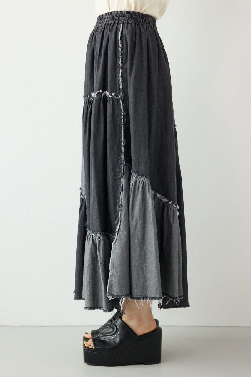 デニムパッチワークティアードスカート BLK FREE