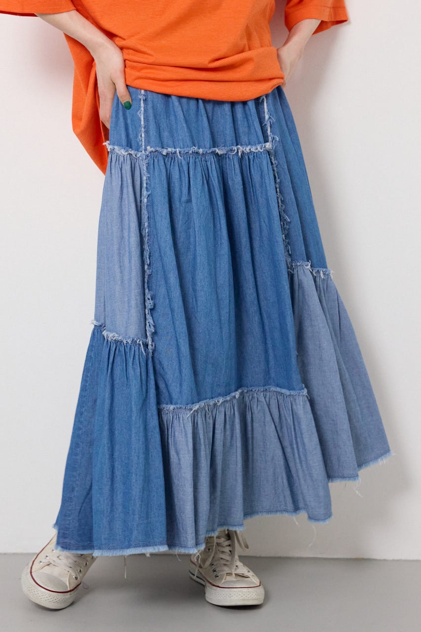 デニムパッチワークティアードスカート BLU FREE