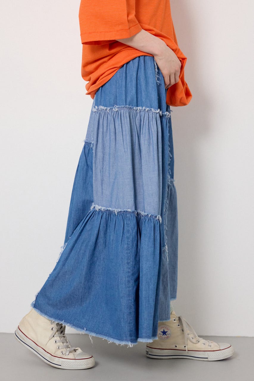デニムパッチワークティアードスカート BLU FREE