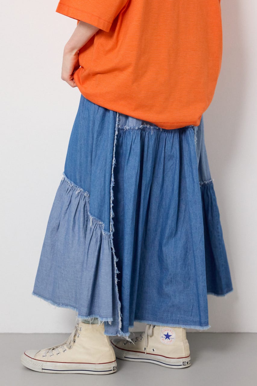 デニムパッチワークティアードスカート BLU FREE