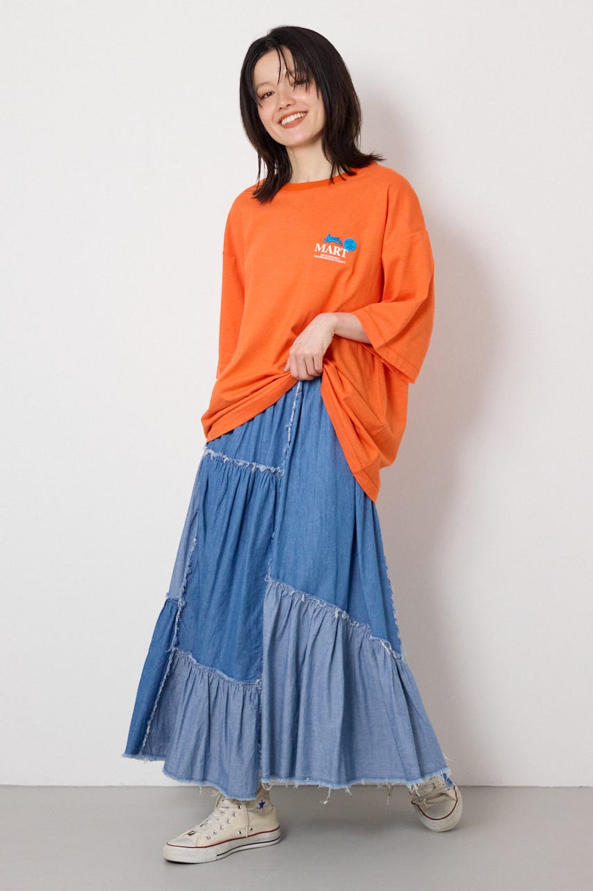 デニムパッチワークティアードスカート BLU FREE