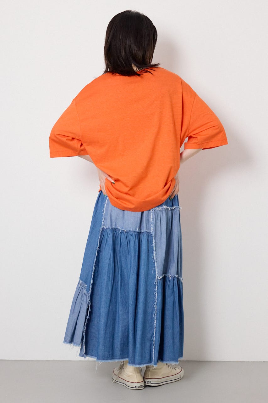 デニムパッチワークティアードスカート BLU FREE