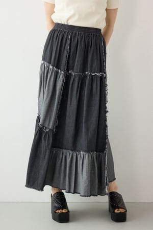 デニムパッチワークティアードスカート