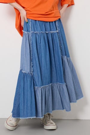 デニムパッチワークティアードスカート