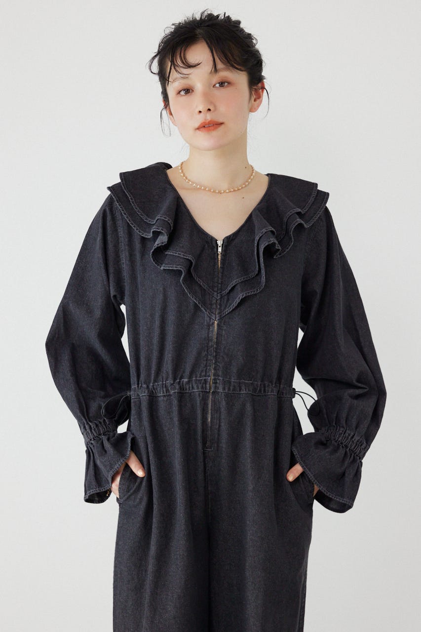 フリルデニムオールインワン BLK FREE