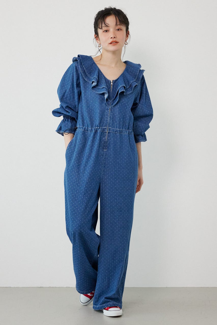 フリルデニムオールインワン 柄BLU FREE
