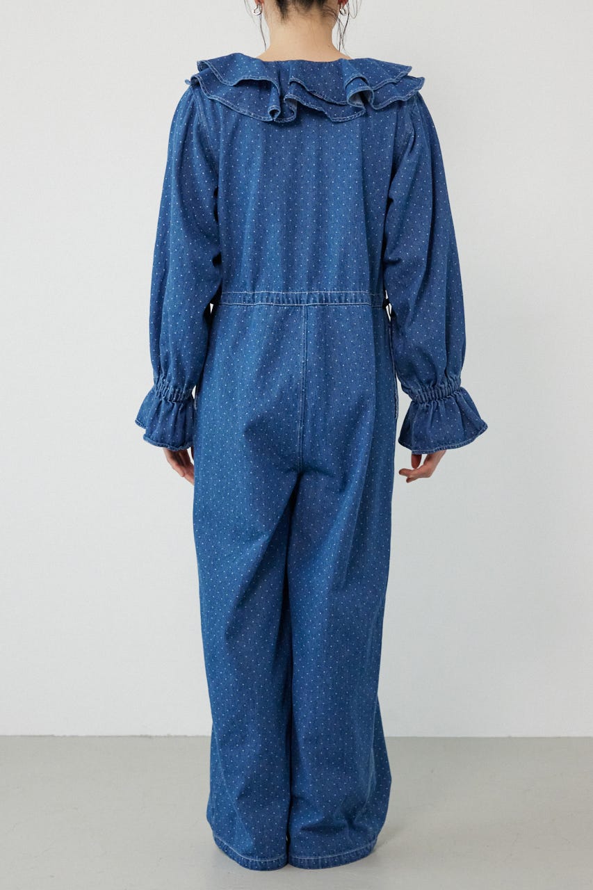 フリルデニムオールインワン 柄BLU FREE