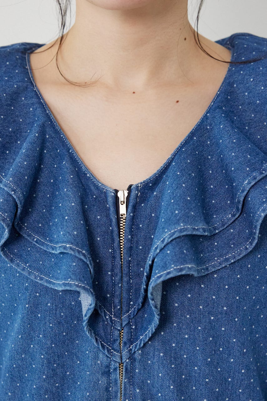 フリルデニムオールインワン 柄BLU FREE