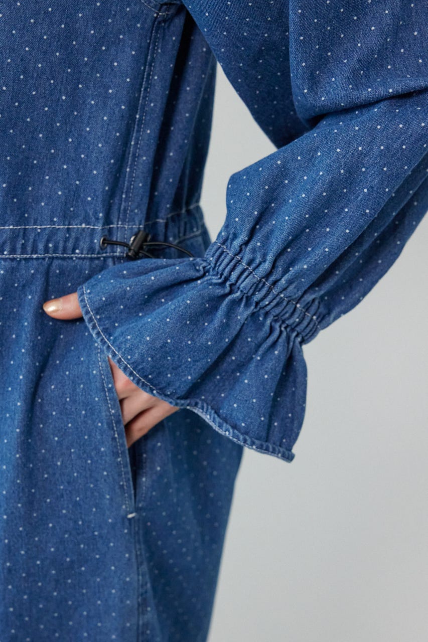 フリルデニムオールインワン 柄BLU FREE