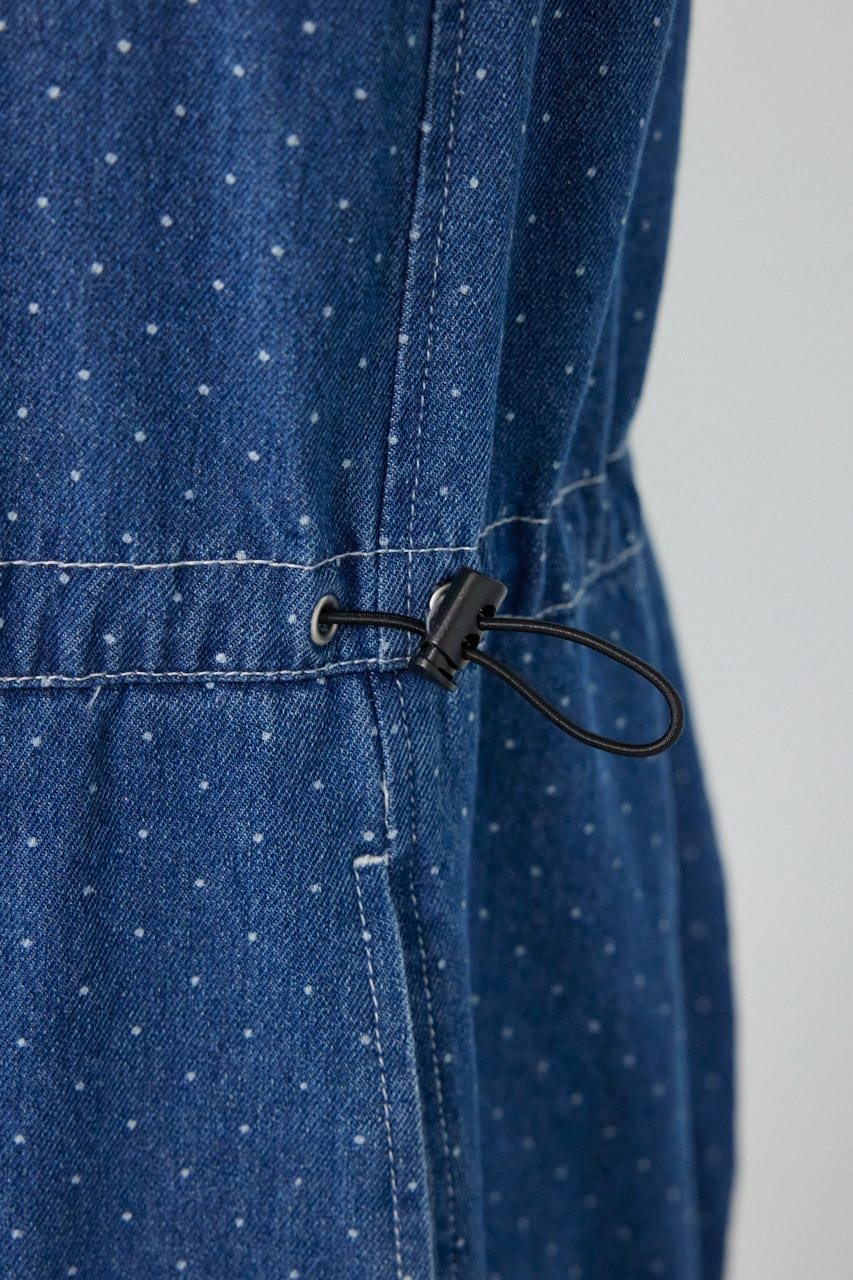 フリルデニムオールインワン 柄BLU FREE