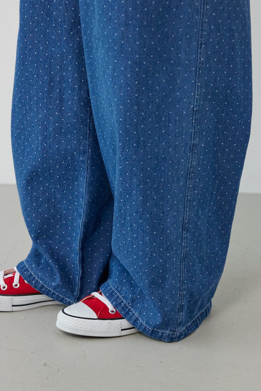 フリルデニムオールインワン 柄BLU FREE