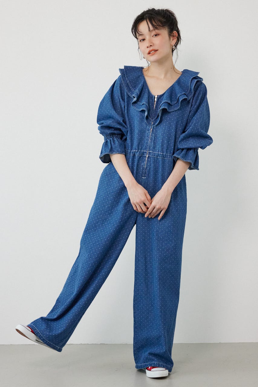 フリルデニムオールインワン 柄BLU FREE