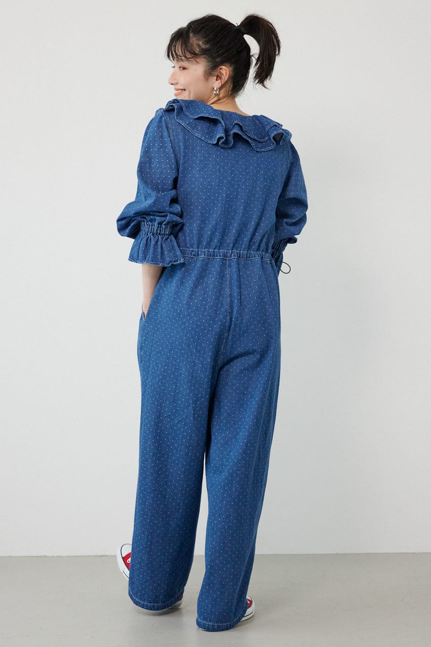 フリルデニムオールインワン 柄BLU FREE