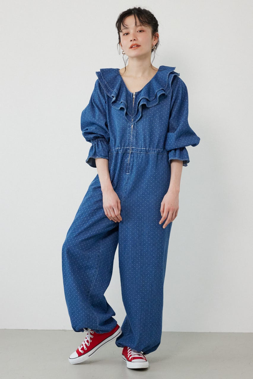 フリルデニムオールインワン 柄BLU FREE