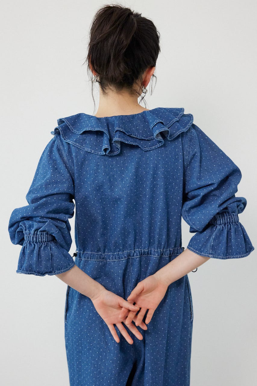フリルデニムオールインワン 柄BLU FREE