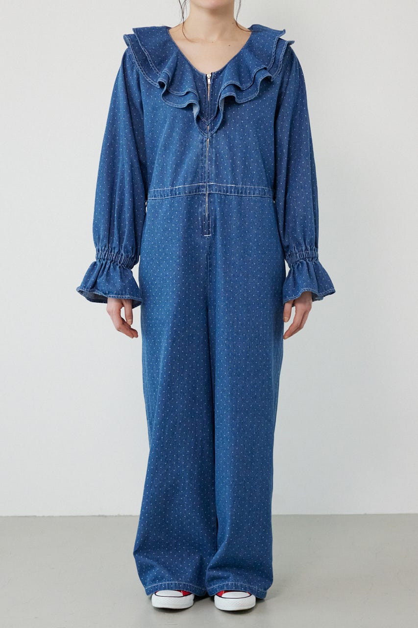 フリルデニムオールインワン 柄BLU FREE