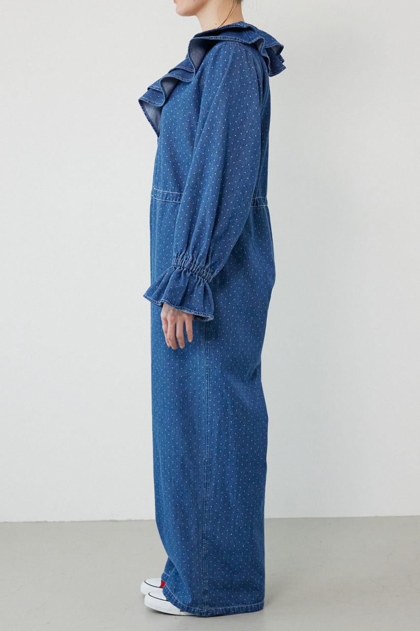 フリルデニムオールインワン 柄BLU FREE