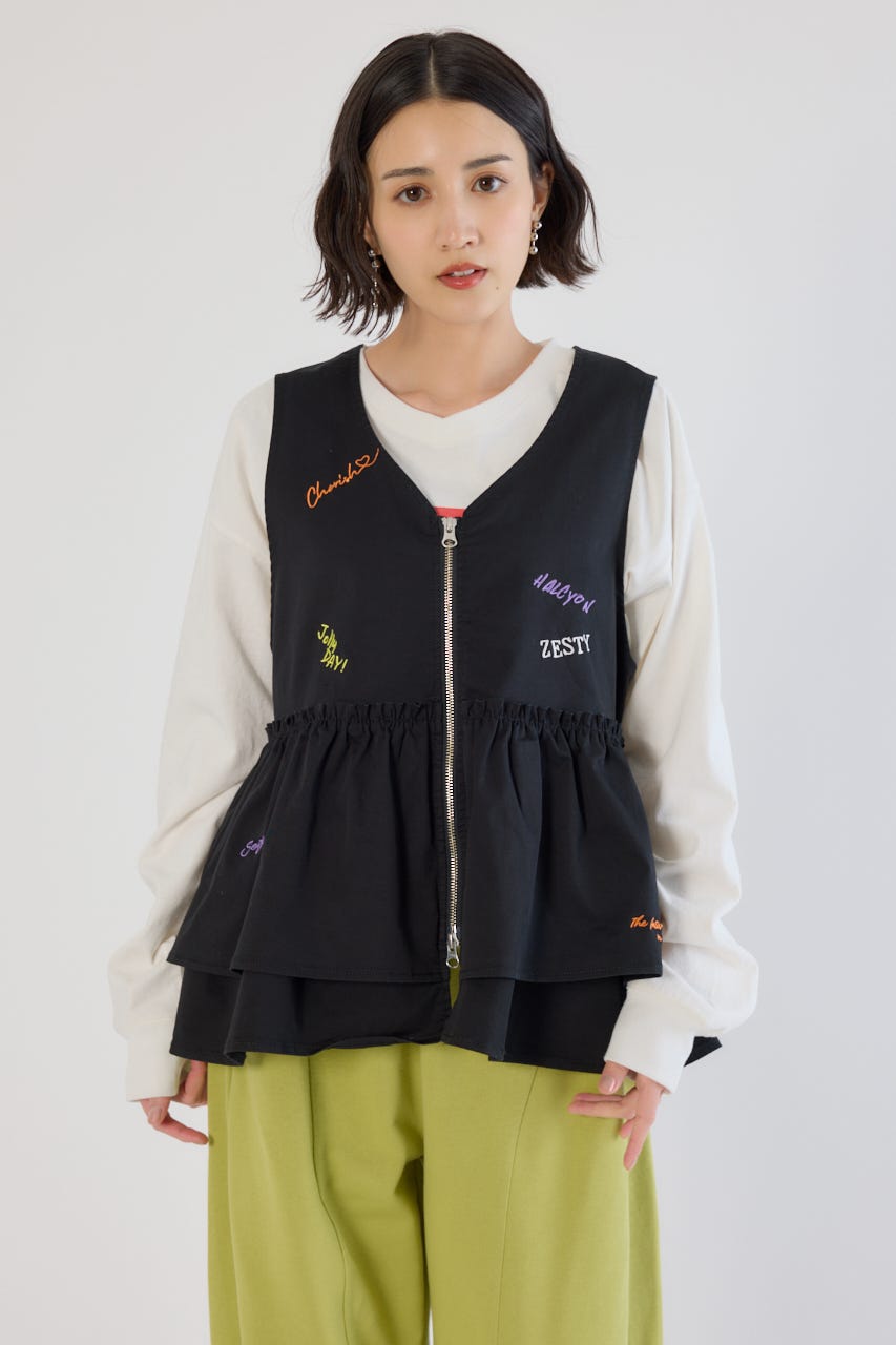 embroideryフロントジップベスト BLK FREE