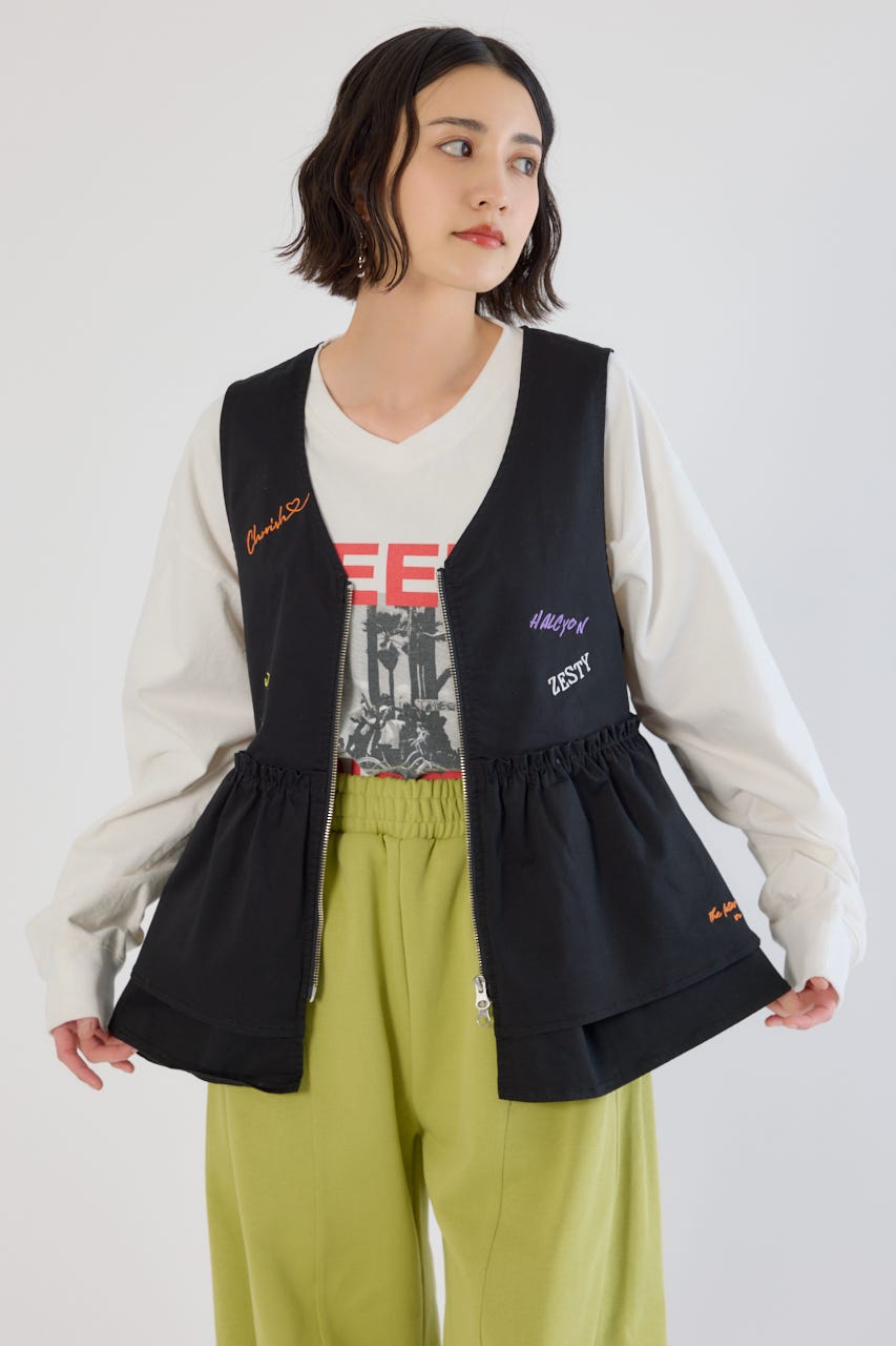 embroideryフロントジップベスト BLK FREE