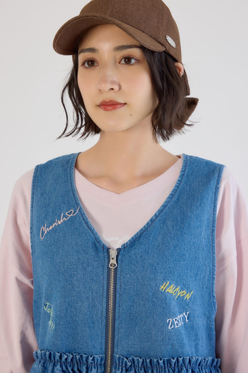 embroideryフロントジップベスト BLU FREE
