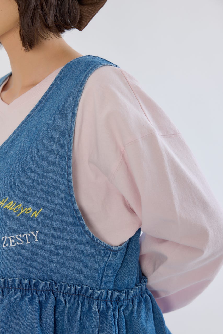 embroideryフロントジップベスト BLU FREE