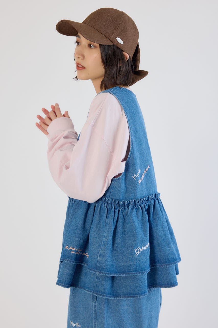 embroideryフロントジップベスト BLU FREE