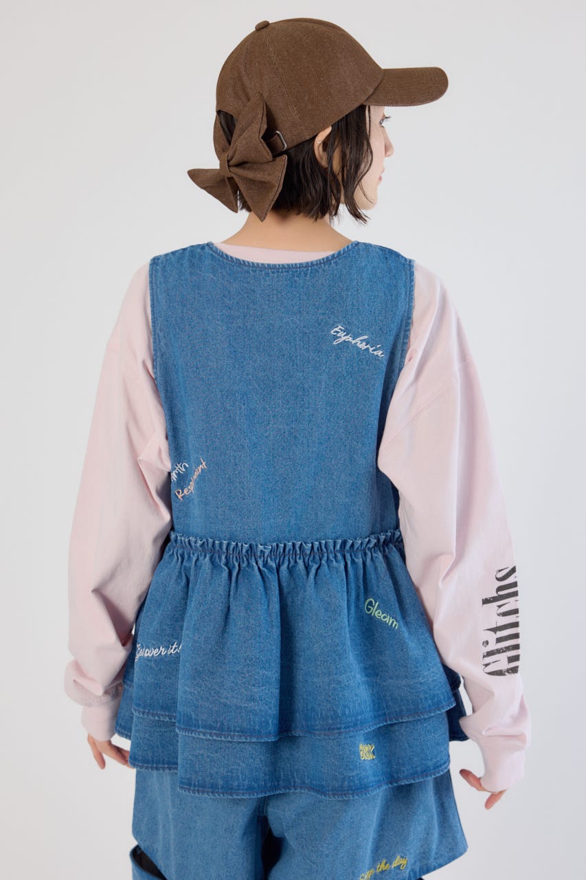 embroideryフロントジップベスト BLU FREE