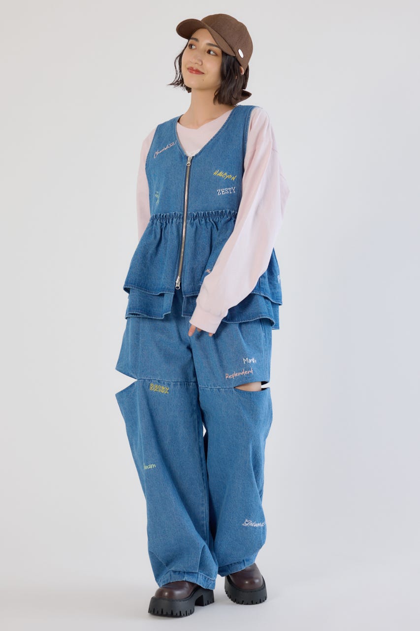 embroideryフロントジップベスト BLU FREE