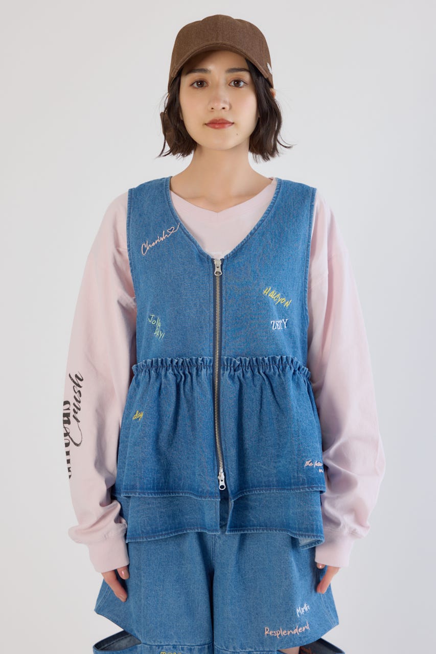 embroideryフロントジップベスト BLU FREE