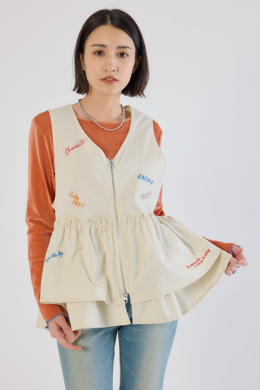 embroideryフロントジップベスト WHT FREE
