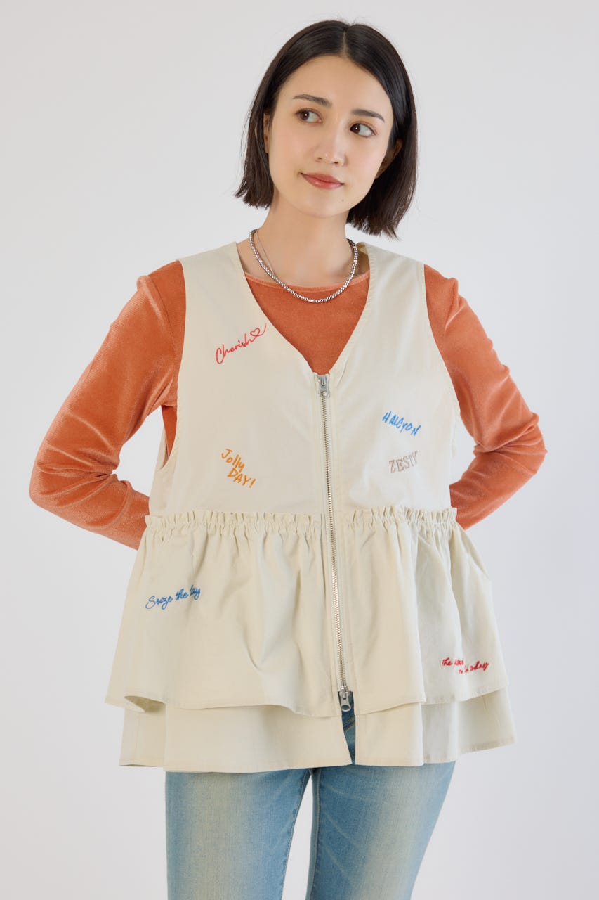 embroideryフロントジップベスト WHT FREE