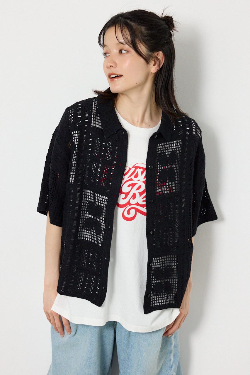 スクエアクロシェニットシャツ BLK FREE