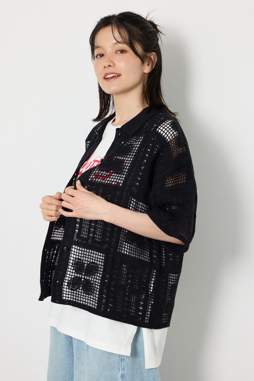 スクエアクロシェニットシャツ BLK FREE