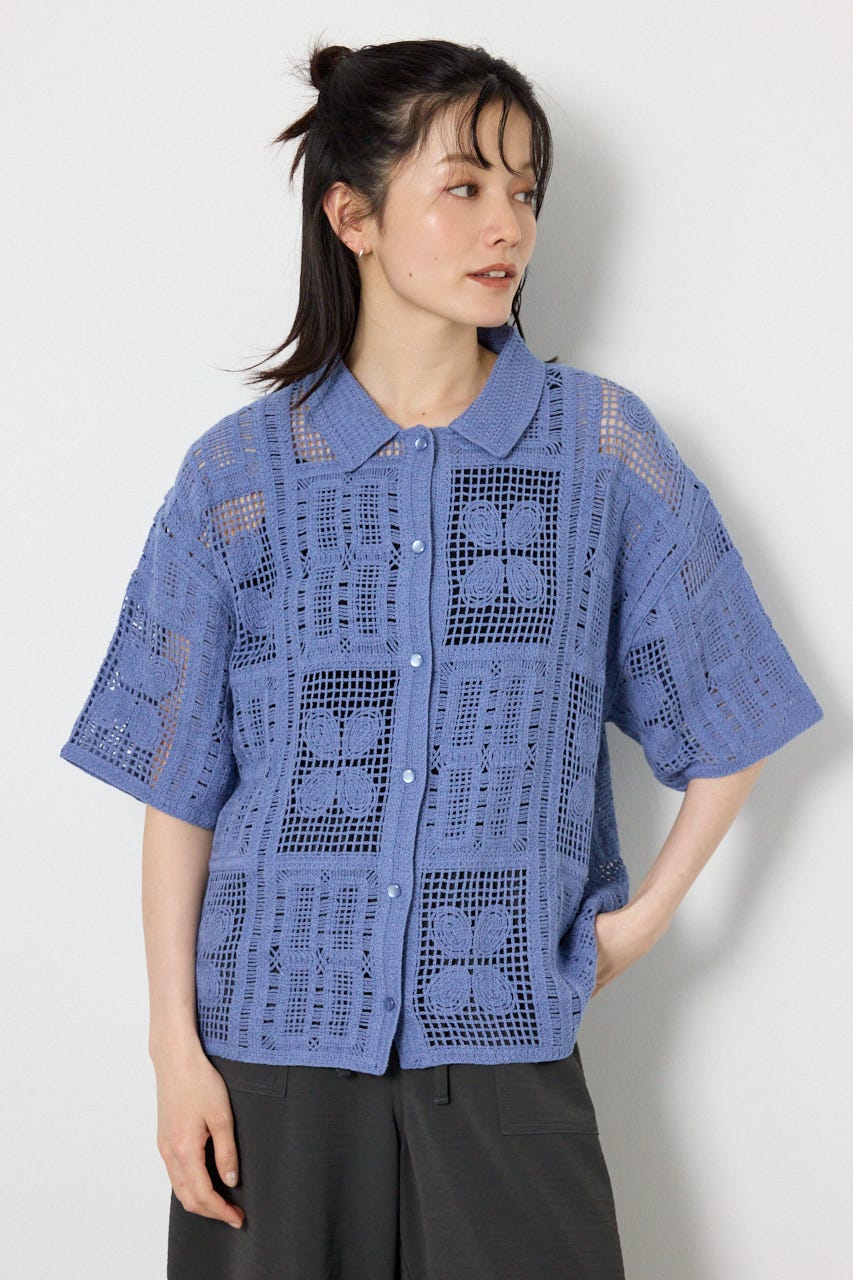 スクエアクロシェニットシャツ BLU FREE