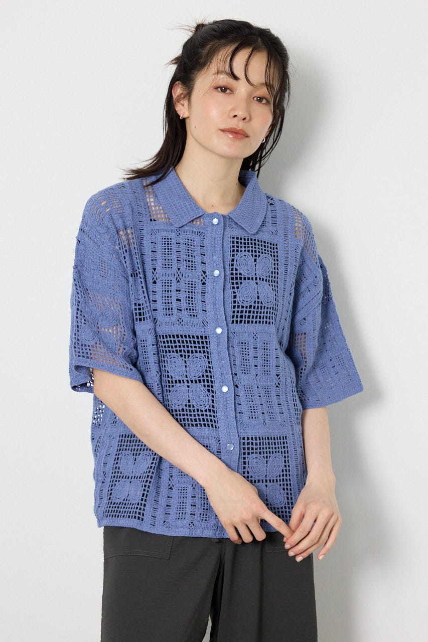 スクエアクロシェニットシャツ BLU FREE