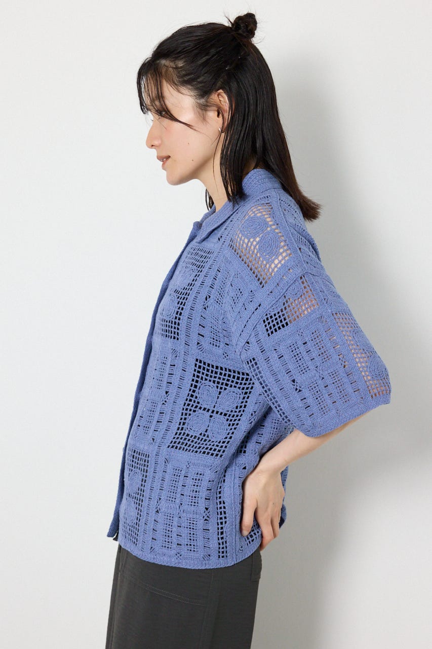 スクエアクロシェニットシャツ BLU FREE