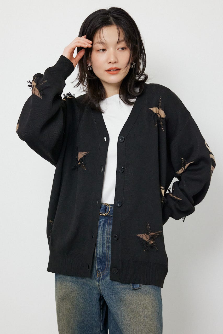スター柄ニットカーディガン BLK FREE