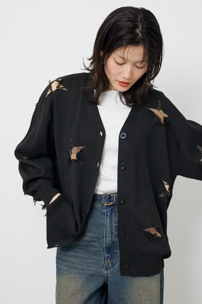 スター柄ニットカーディガン BLK FREE