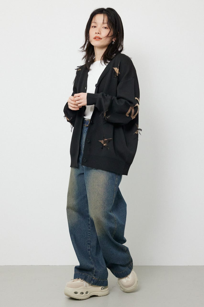 スター柄ニットカーディガン BLK FREE