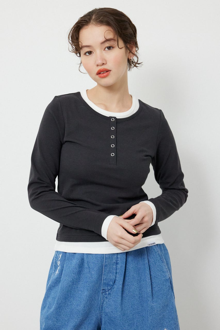フェイクレイヤードヘンリーネックトップス L/BLK FREE