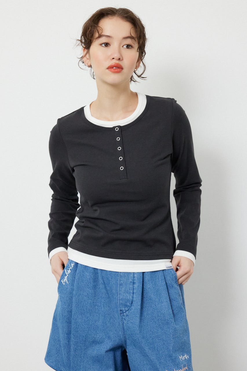 フェイクレイヤードヘンリーネックトップス L/BLK FREE